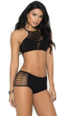 Conjunto de shorts Diamond Net Bralette booty recortes top corrida preto 1372 - Imagem 1 de 3