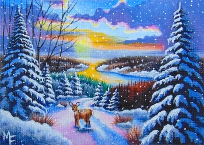 Aceo Original Snowy Christmas Deer Sunset Nature Landscape Acrylic Painting - Image 1 of 2