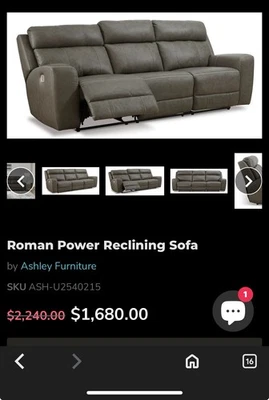Ashley Roman Leather Electric Reclining Sofa - Image 1 of 4