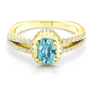 18K Yellow Gold Plated Silver Ring 1.70 Ct Oval Blue Zircon - Picture 1 of 5