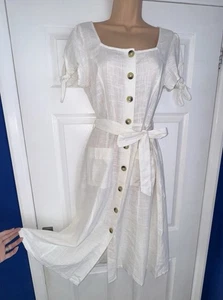 F&F White Linen Button Up Tie Belt Midi Maxi Summer Sun Beach Dress size 10 - Picture 1 of 12