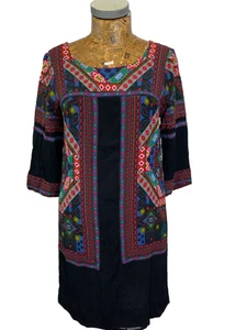 MONSOON DRESS 10 BLACK PINK BLUE Ethnic Tribal Prints Tunic Knee 3/4 Sleeves - Picture 1 of 12