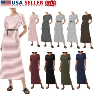 Women's Short Sleeve Double Split Maxi Dress Summer Loose Long T Shirt Dresses - Picture 1 of 75