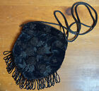 Black Beaded Velvet Bag/Purse w/Bottom Fringe - Corded Strap - India 1920’s
