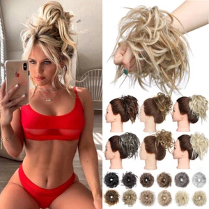 Thick X-LARGE Curly Messy Bun Hair Piece Scrunchie Cover as Human Hair Extension - Picture 1 of 32