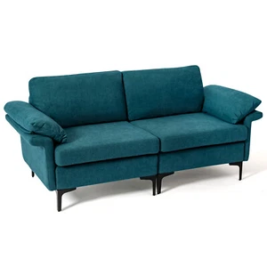 Modern Loveseat Fabric 2-Seat Sofa Couch for Small Space w/ Metal Legs Blue - Picture 1 of 10