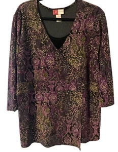 JM Collection Women's 2X Top Textured Stretch Knit Purple Gold Black Office - Picture 1 of 10
