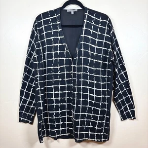 Neiman Marcus Cashmere Silk Wool Windowpane Button Cardigan Womens L Sheer Back - Picture 1 of 8