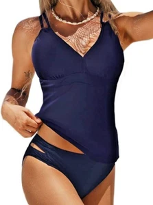 Womens Two Piece Tankini Swimsuit Double Spaghetti Strap Back Cross Navy XL - Picture 1 of 5