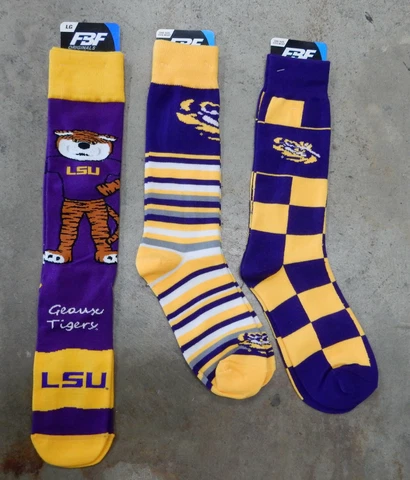 3 Pack NCAA LSU Tigers Large Crew Socks Mascot Stripe Jumbo Check OSFM Fan Gift Cover