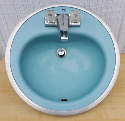 1972 Mid Century azul claro pia de banho redonda gota padrão americano ferro fundido - Imagem 1 de 4