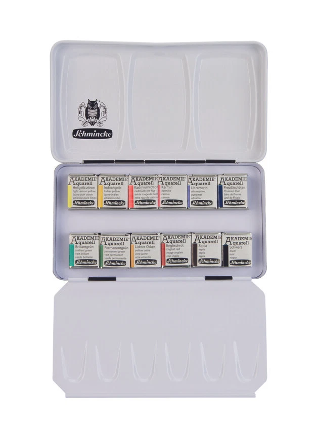 MARKENLOS Schmincke Aquarell AKADEMIE Metallkasten 12x1/2 Näpfchen 75 112 097