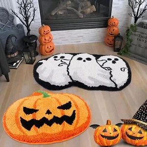 2 Pieces Halloween Bathroom Rug Ghost Pumpkin Bath Mat Absorbent Washable Non... - Picture 1 of 8