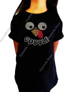 Girls Rhinestone T-Shirt " Turkey Face Gobble " Kids Size 3 to 14 - Thanksgiving - Picture 1 of 2