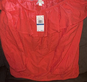 Michael Kors Seersucker Ruffle Off-the-Shoulder LS Peasant Top Sangria XL $98 - Picture 1 of 12