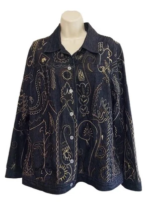 Laura Ashley L 牛仔夹克浅黑色棕褐色阿兹特克佩斯利串珠纽扣 — 第 1/4 张图片