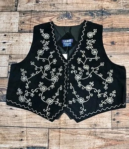 LA Blues Vtg Suede Vest Women 4X Embroidered V-NECK Button Tie Back, 90s Y2K - Picture 1 of 8