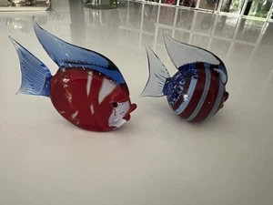 2er Set Murano Kunst Glas gestreift tropische Fische Figuren in 3,5" & 2,5 Länge - Bild 1 von 7