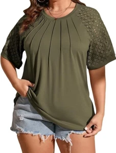 LALAGEN Women's Plus Size T Shirts Trendy Lace Short Sleeve Crewneck Blouse 3XL - Picture 1 of 8