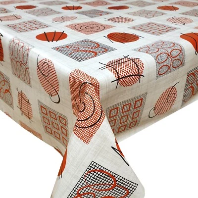 PVC TABLE CLOTH RETRO CIRCLES RED GREY BLACK FUNKY SHAPES SWIRL SQUARE WIPE ABLE - Image 1 of 2