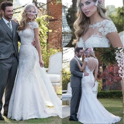 Elegant Tulle 2 In 1 Mermaid Wedding Dress Lace Appliques Beadings Bride Gowns - Image 1 of 4