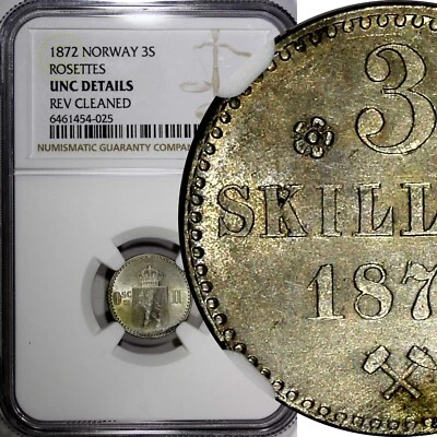 Norway Oscar II Silver 1872 3 Skilling Rosettes NGC UNC DETAILS KM# 338.1 (025) - Image 1 of 4