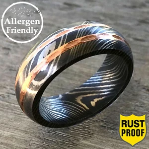 Maßgeschneidert Gehämmert Doppel Kupfer Inlay Damast Stahl Ring Herren Ehering - Bild 1 von 10