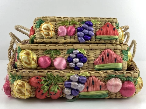 Vintage Hand Woven Nesting Straw Raffia Square Baskets w 3D Fruit Rope Handles Cover