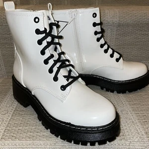 Steve Madden NYC Womens Ankle Boots Sz 7 M White Black Lug Chunky Combat Boots - Picture 1 of 11