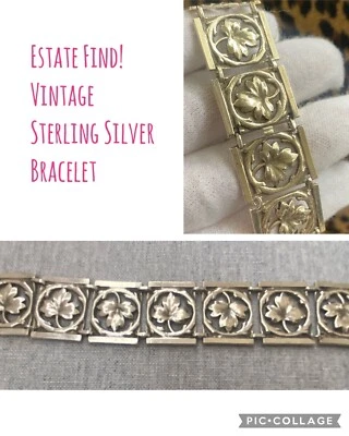 Vintage Sterling Silver Leaf Link Bracelet 40s 50s MCM Modernist Art Deco - Image 1 of 4