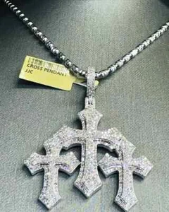 5Ct Round Cut Lab Created Moissanite Triple Cross Pendant 14K White Gold Plated - Picture 1 of 7