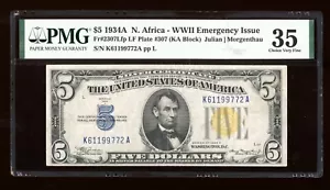 DBR 1934-A $5 Silver North Africa Fr. 2307 Late FP 307 PMG 35 Serial K61199772A - Picture 1 of 2