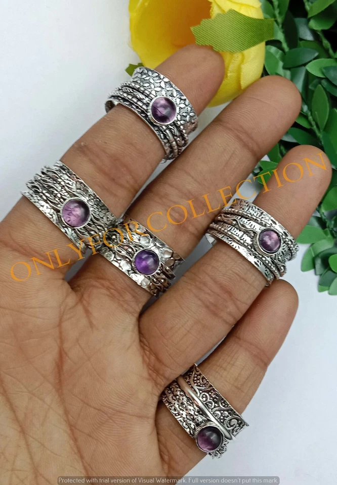 Offer Amethyst Gemstone 925 Sterling Silver Plated Meditation Spinner Rings Lot - Imagem 1 de 1