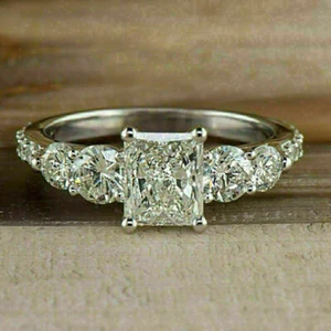 1.75CT White Radiant Cut Simulated Diamond Five Stone Engagement 925 Silver Ring - Picture 1 of 3