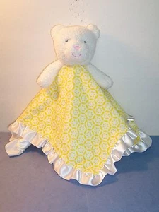 SECURITY BLANKET - CARTER'S - WHITE BEAR / YELLOW PRINT/RUFFLES - VGC - - Picture 1 of 4