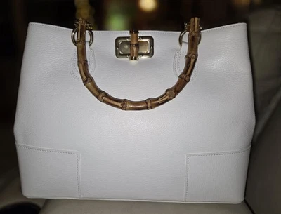 Cartera de mano "Borse In Pelle" de cuero italiano beige con asa de bambú y correa X  Foto 1 de 4