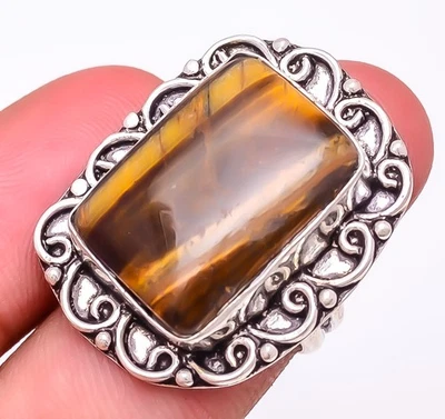 Anillo de joyería enchapado en plata con piedras preciosas ojo de tigre amarillo s.7 S2790 Foto 1 de 4