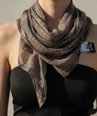 Dolce & Gabbana D&G Brown Silk Checked Scarf Womens Made in Italy - Image 1 of 4