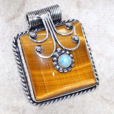 Classic Tiger Eye Larimar 925 Silver Plated Cap Gemstone Pendant 1.3" GW - Image 1 of 3