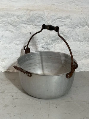 Vintage Aluminium Cooking Pot with Rustic Iron Handle Farmhouse Kitchenware - Image 1 of 4