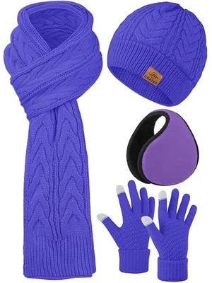  4 Pack Winter Knitted Set Thick Knitted Beanie Hat Scarf Gloves Ear Purple - Image 1 of 4