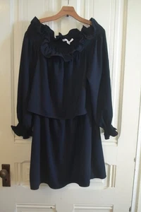 NAVY BLUE TIERED SMOCKED NECKLINE LONG SLEEVE DRESS BY DIANE VON FURSTENBERG ~ L - Picture 1 of 9