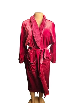 Vtg Aria Red Velvet Dressing Robe Quilted Collar Women L Belt Tie Cozycore Chic - Image 1 of 4