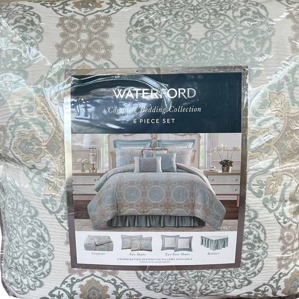 3 Piece Set Waterford Crystal Linens JONET Queen Comforter Aqua Taupe Jacquard - Image 1 of 4