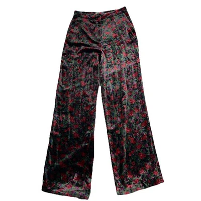 Zara Women M Floral Print Flare Leg Pants Pockets Trousers Velour Velvet Boho - Image 1 of 4