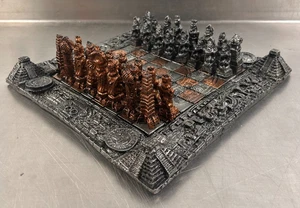 Aztec Mayan Chess Board Set, Ceramic Board & Pieces Silver & Bronze From Mexico - Picture 1 of 8