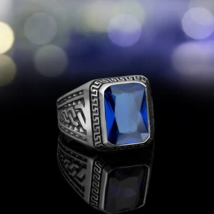 Solid 925 Sterling Silver Handmade Jewelry Blue Zircon Men's Ring - Picture 1 of 4