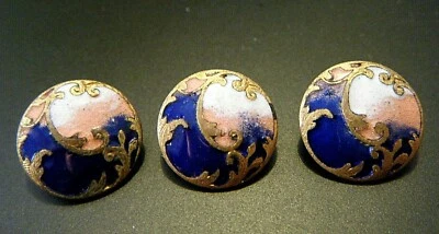 Signed Victorian 3 champlevés enamel gilt button diminutive shank Paris AP&C12mm - Image 1 of 4