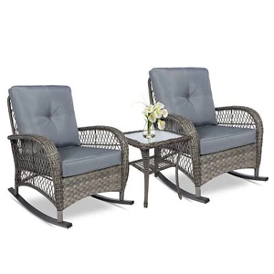 Outdoor Wicker Rocking Chair Patio Rattan All-Weather Rocker Chair W/ Cushions - Picture 1 of 64