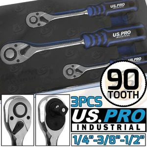 US PRO Ratchet Handle Set 90T 1/4" 3/8" 1/2" Drive Soft Grip Socket Wrenches - Picture 1 of 6